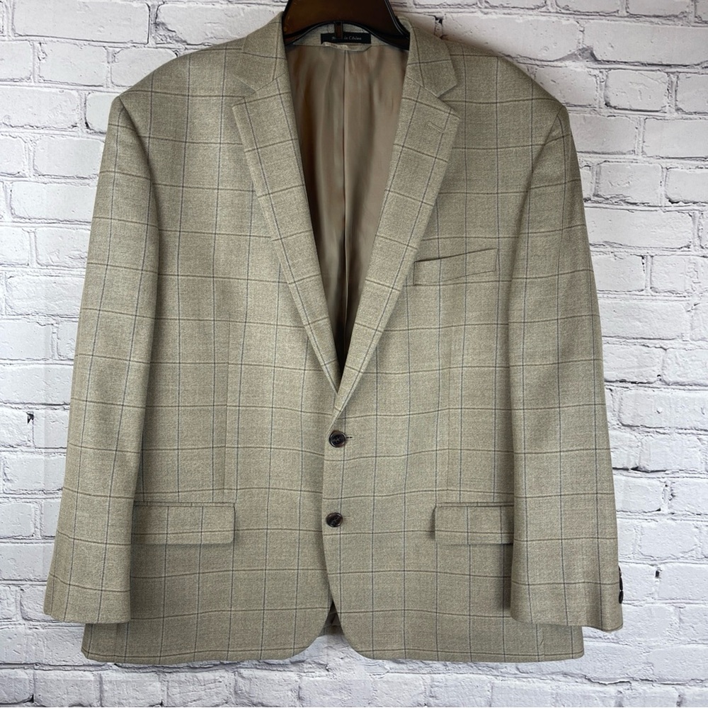 Lauren Ralph Lauren Sport Coat Blazer Mens 46R Gray Taupe Windowpane Silk Wool‎
